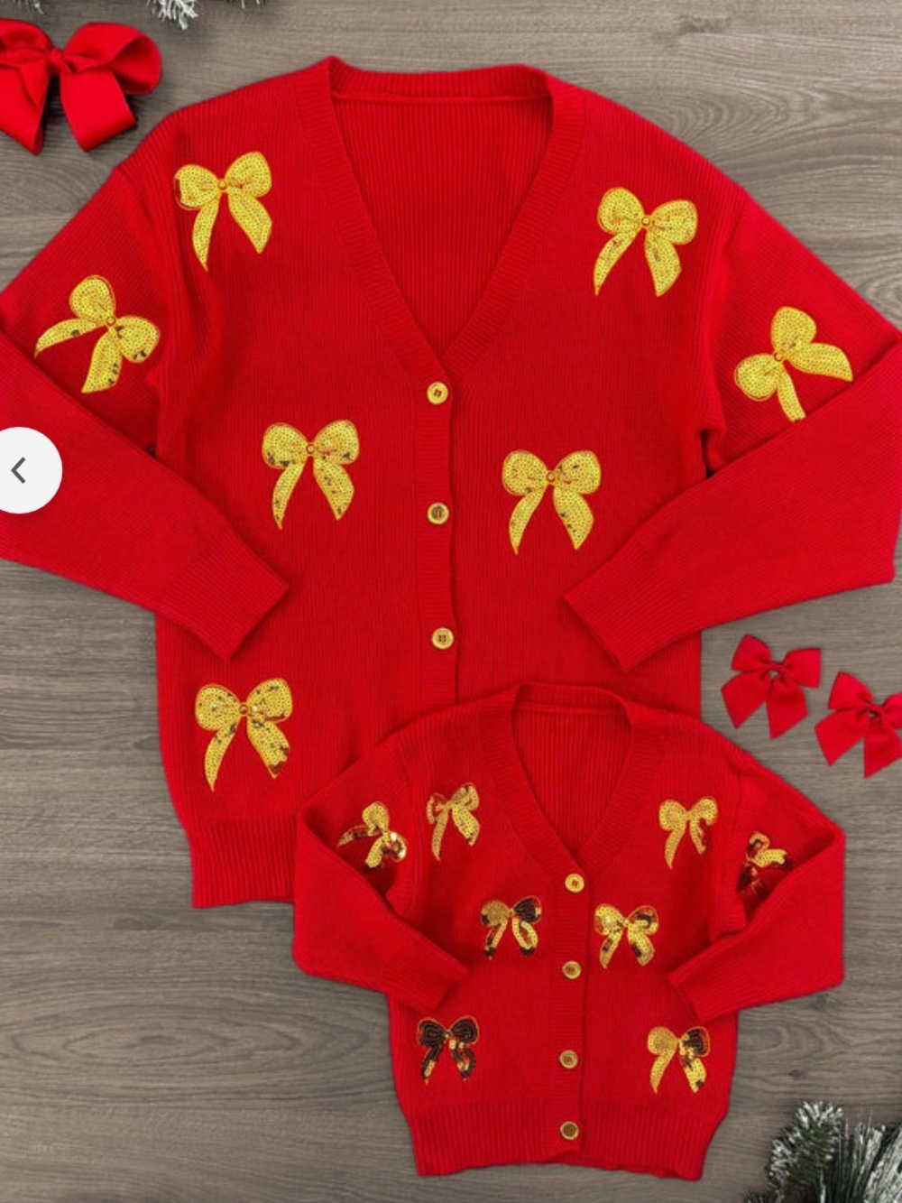 Brand New!  Mom and me (1 Adult/9 Child) Red and Gold Bow Sweater/Cardigan